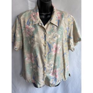 Vintage Dana Gibson Floral Button Down Shirt Silk Short Sleeve Beige Tropical XL